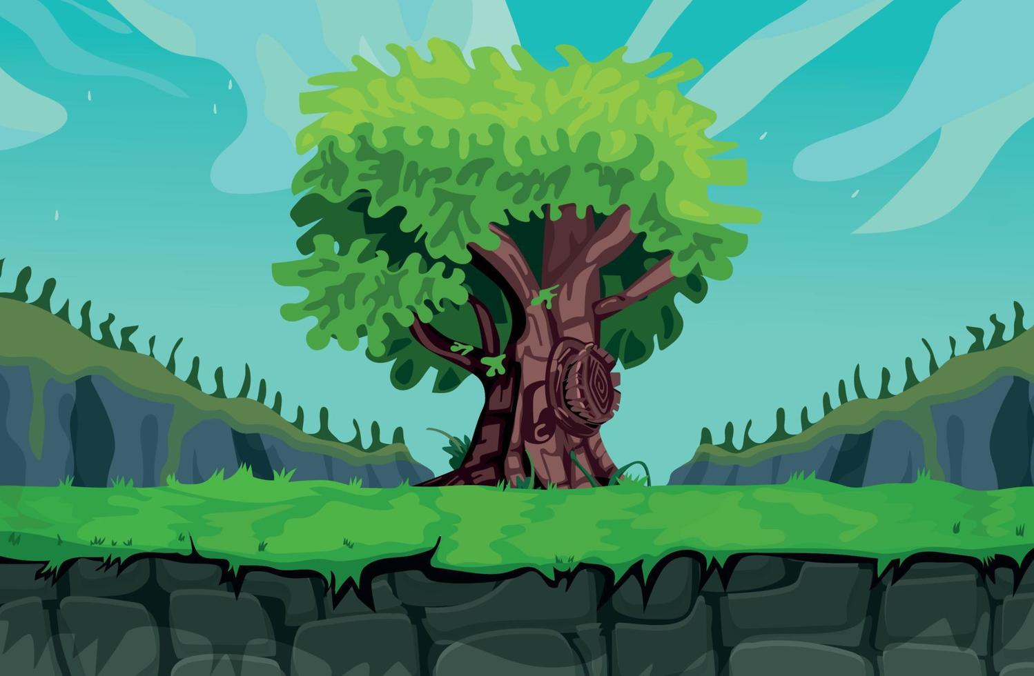 vector de dibujos animados de fondo de juego de árbol grande de paisaje, activo de naturaleza de diseño de juego