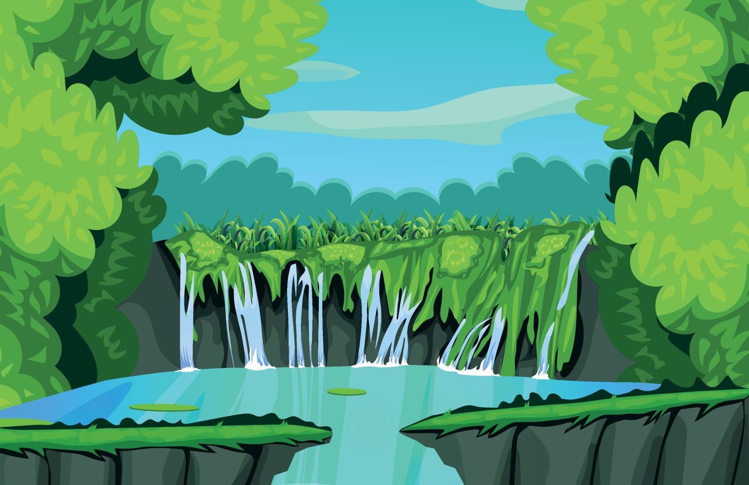 2D game background beautiful natural waterfalls in the middle of the forest vector