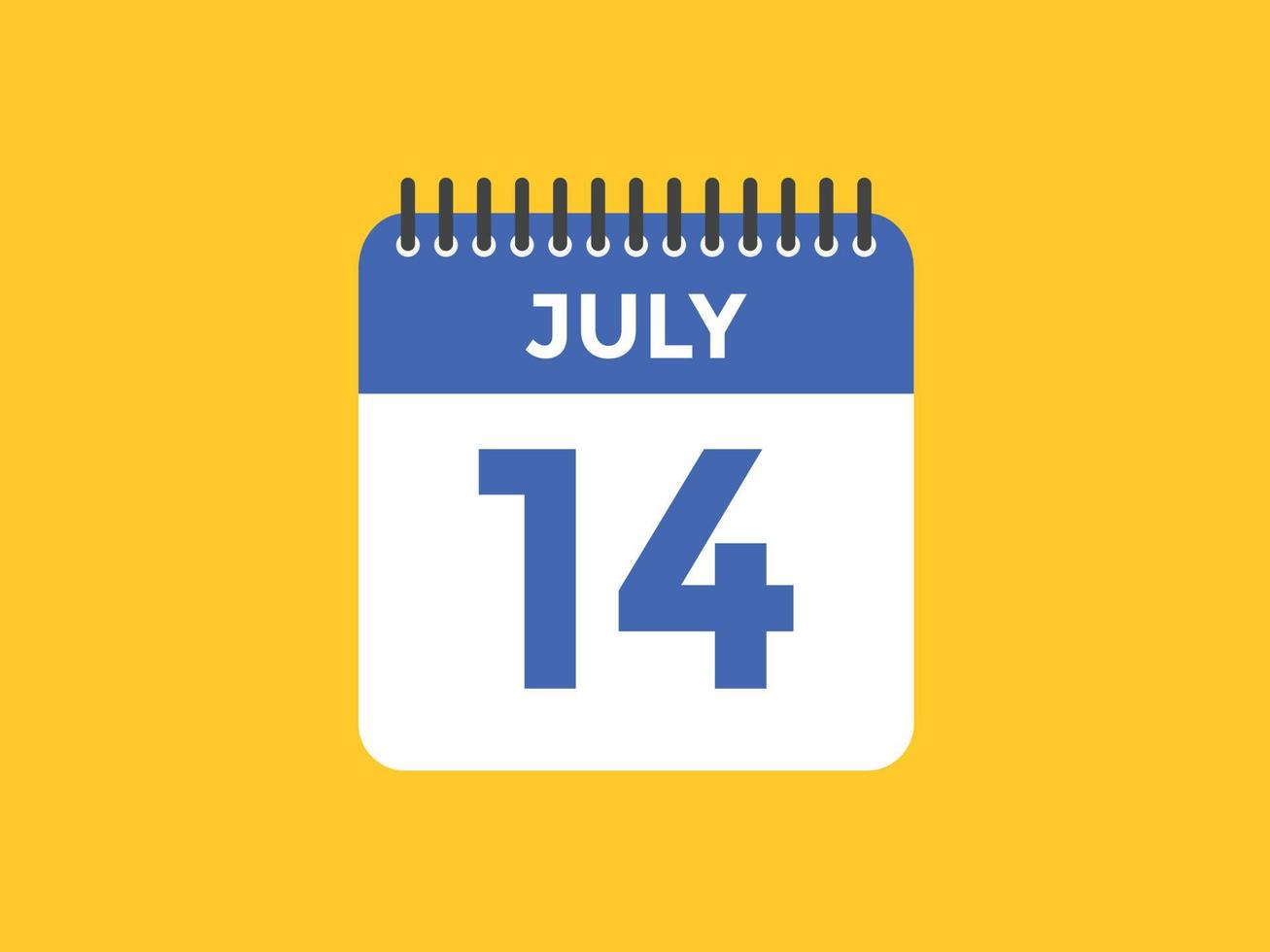 july 14 calendar reminder. 14th july daily calendar icon template. Calendar 14th july icon Design template. Vector illustration