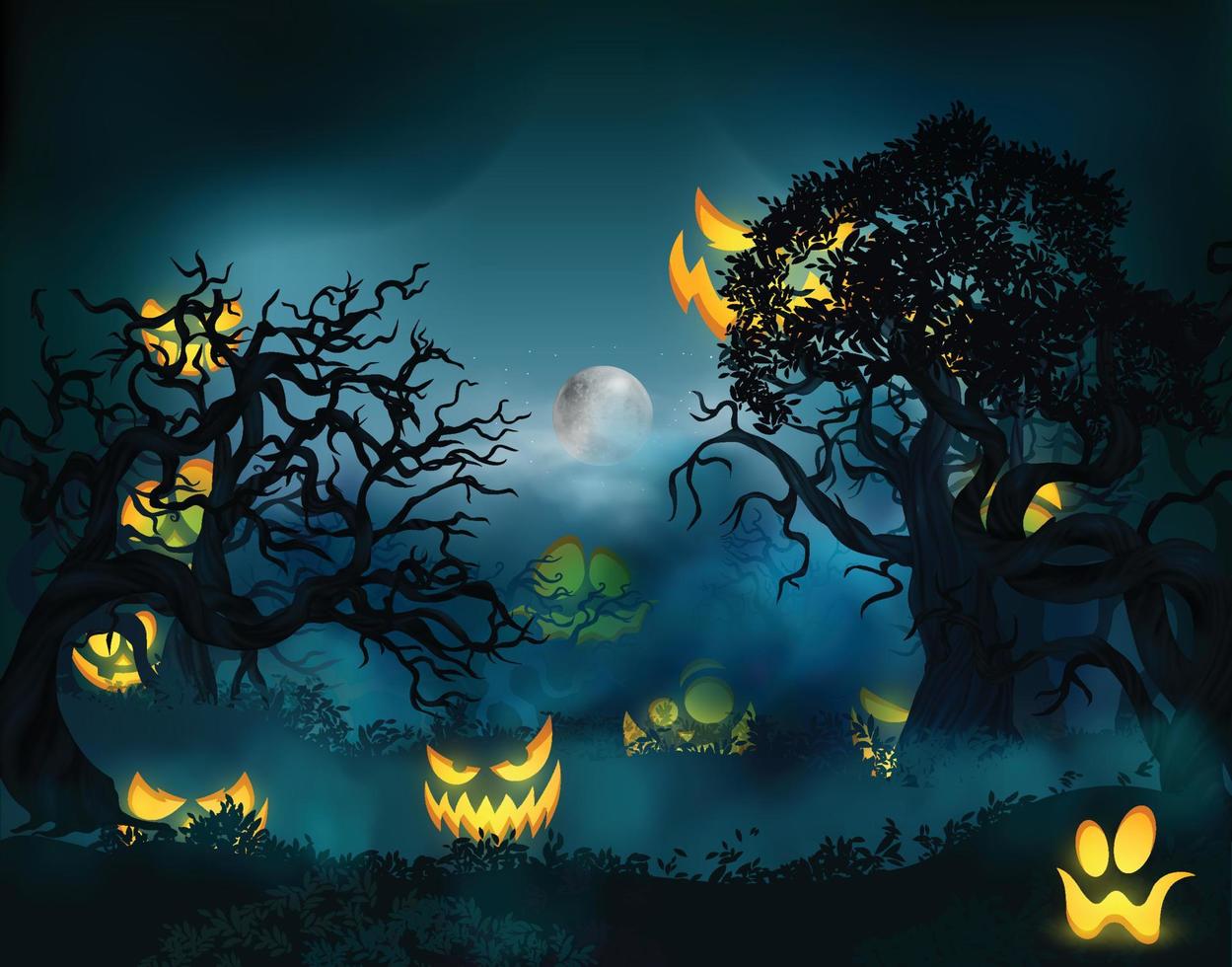 caras brillantes divertidas y aterradoras fantasma de calabaza de halloween en el bosque vector