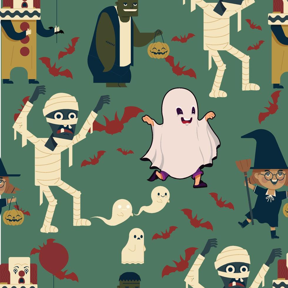 patrones sin fisuras de personajes de dibujos animados para halloween vector