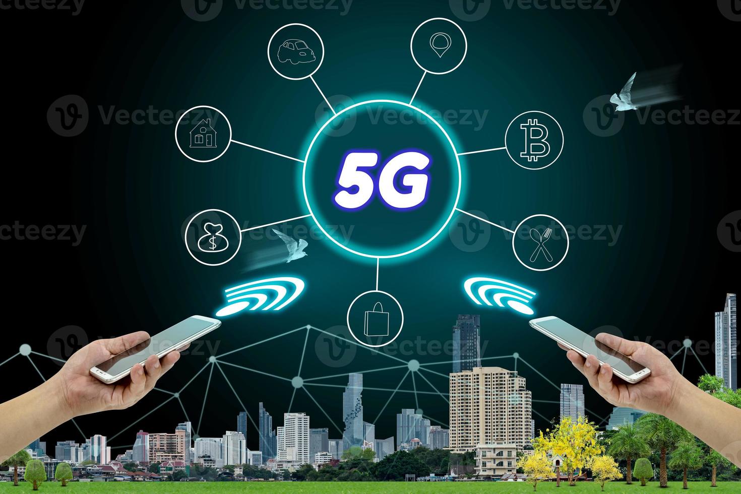 5G network interface and icon concept,hand holding mobile smart phone with cityscape photo