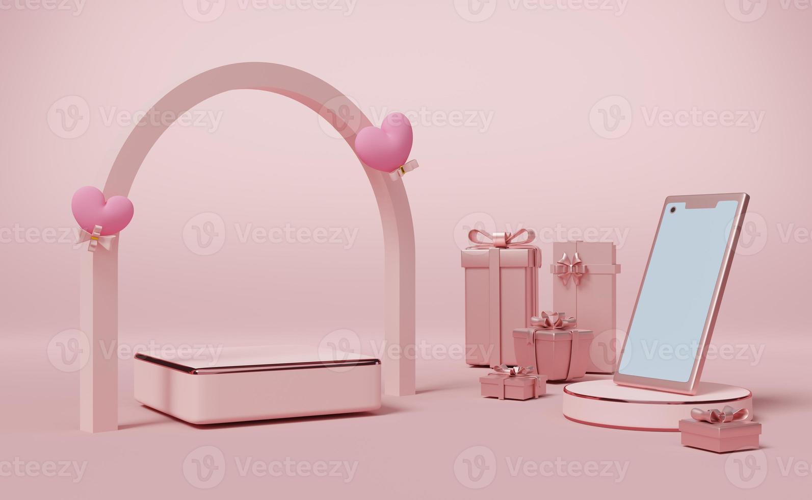 Podium empty and gift box with heart shaped balloon and mobile phone in pink pastel composition valentine's day concept ,abstract showcase background ,3d illustration or 3d render photo
