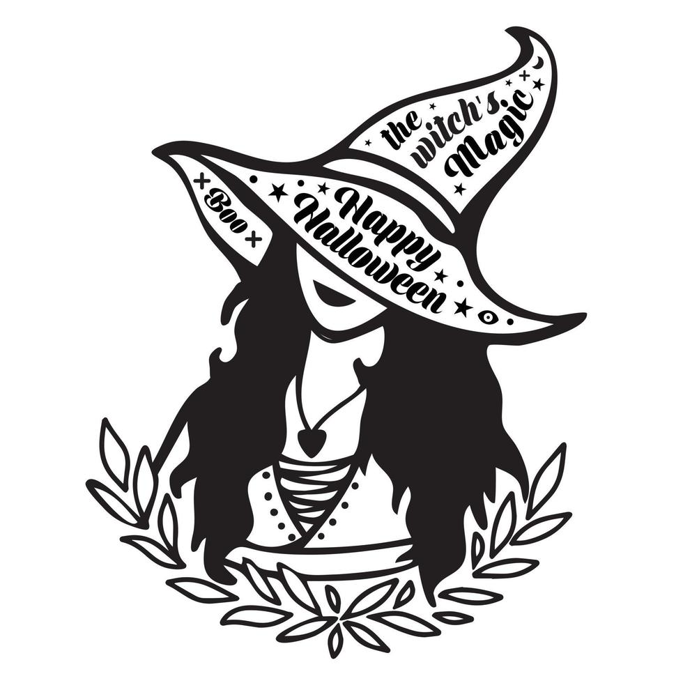 The Witch in the Hat with Halloween Phrases. Vector illustration