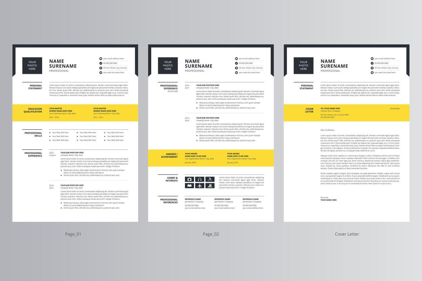 currículum profesional o cv y plantilla de carta de presentación vector