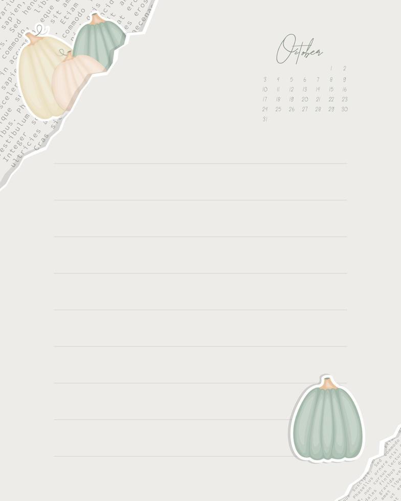 Template blank with October 2022 calendar, vintage note collage, to do list reminder, pumpkin sticker, scrapbooking with scraps of newspaper. vector