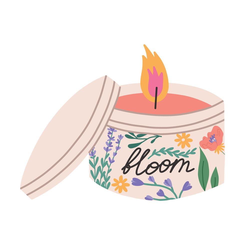 Hand drawn floral candle in jar, flat vector illustration isolated on white background. Aromatherapy and spa concepts. Spring or summer flowers scented soy candle.
