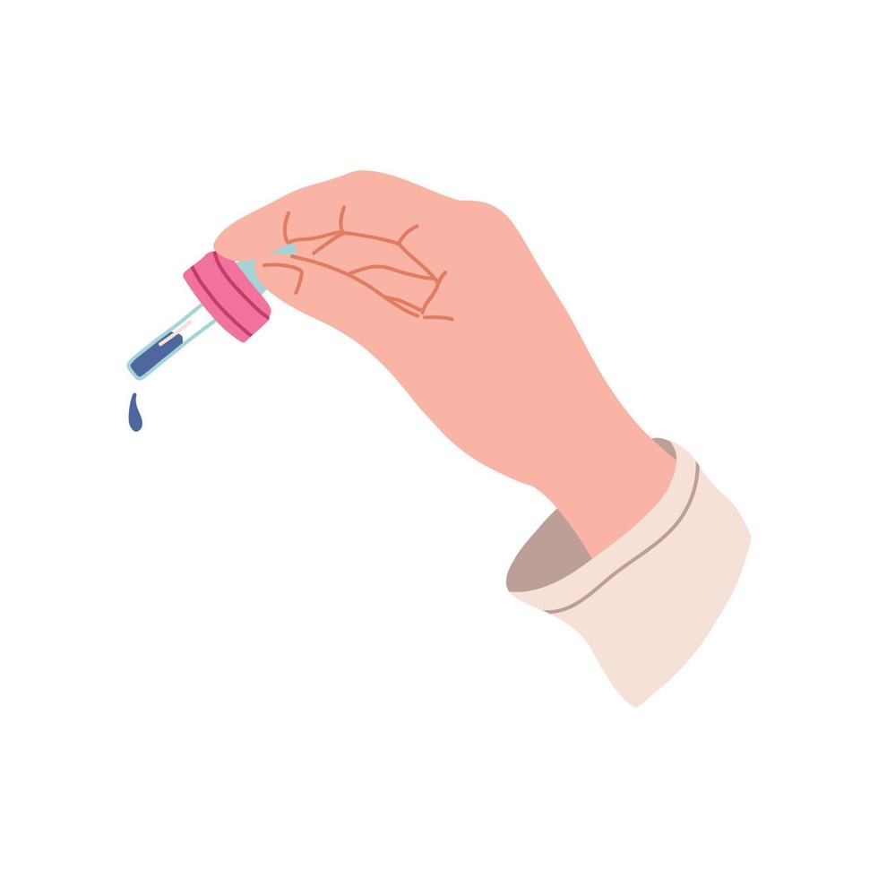 Hand holds dropper or pipette with essential oil or facial serum, flat vector illustration isolated on white background. Skin care routine concept.