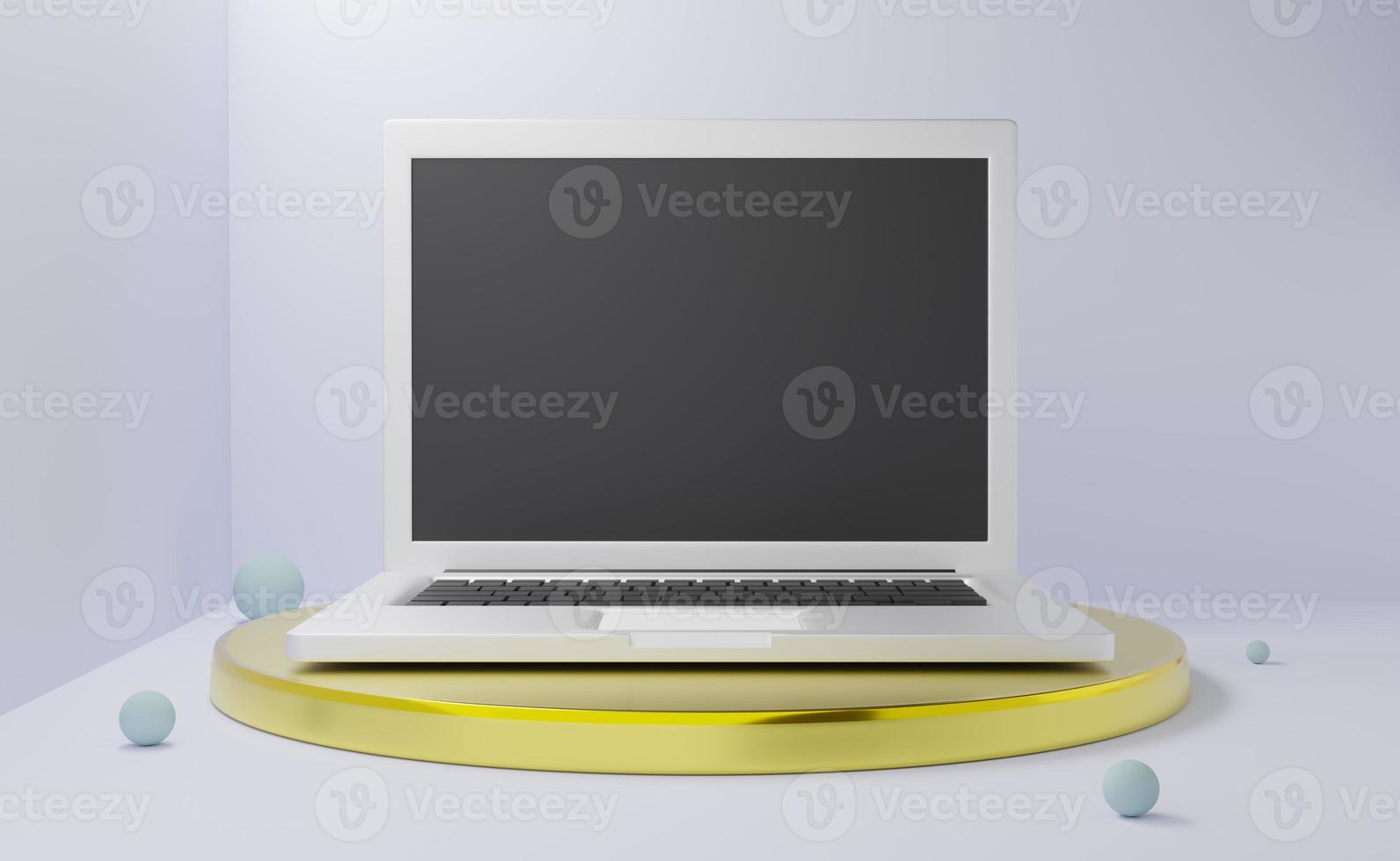 podium with computer laptop in gray composition for modern stage display and minimalist mockup ,abstract showcase background ,Concept 3d illustration or 3d render photo