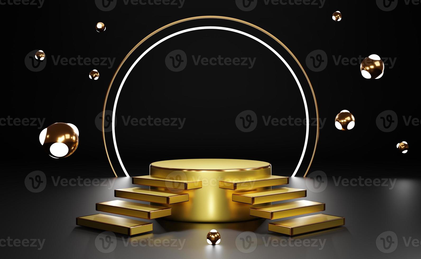 Gold podium empty and stair with geometric shapes in black composition for modern stage display and minimalist mockup ,abstract showcase background ,Concept 3d illustration or 3d render photo