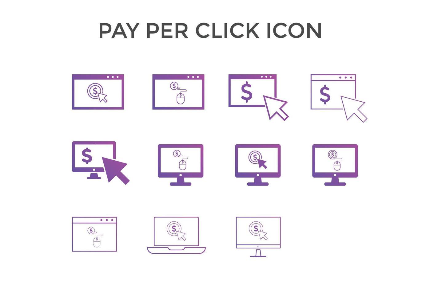 conjunto de iconos de pago por clic. concepto de seo, cobro de pagos y diseño web. icono de ppc vector