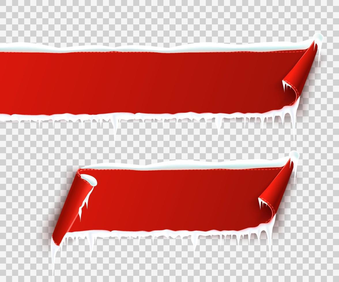 Red Curved Paper Blank Banner. Red Ribbon With Snow And Icicles Isolated On White vector