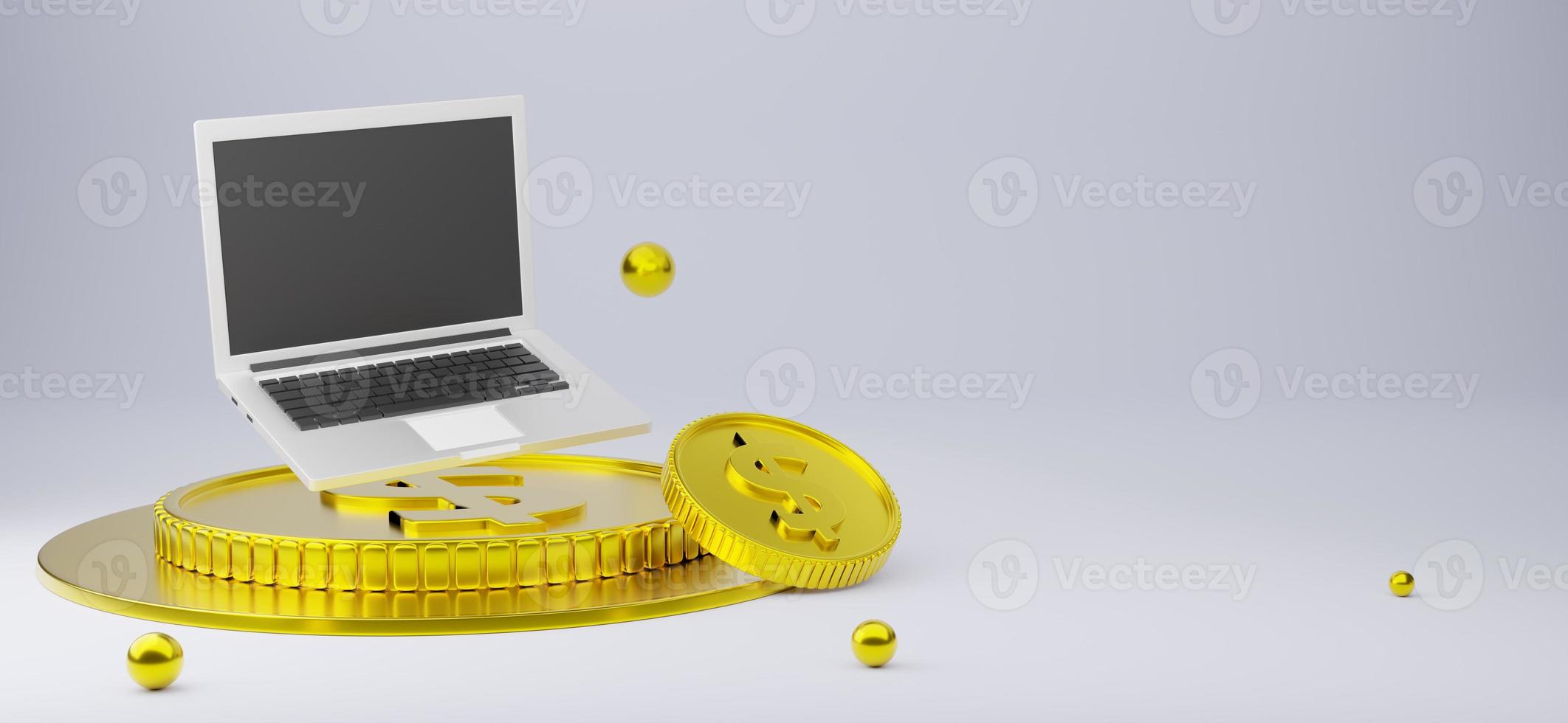 podium and coin with computer laptop and frame in gray composition for modern stage display and minimalist mockup ,abstract showcase background ,Concept 3d illustration or 3d render photo
