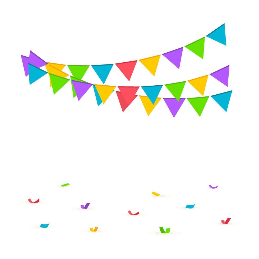 Falling confetti with flag garlands, birthday vector background