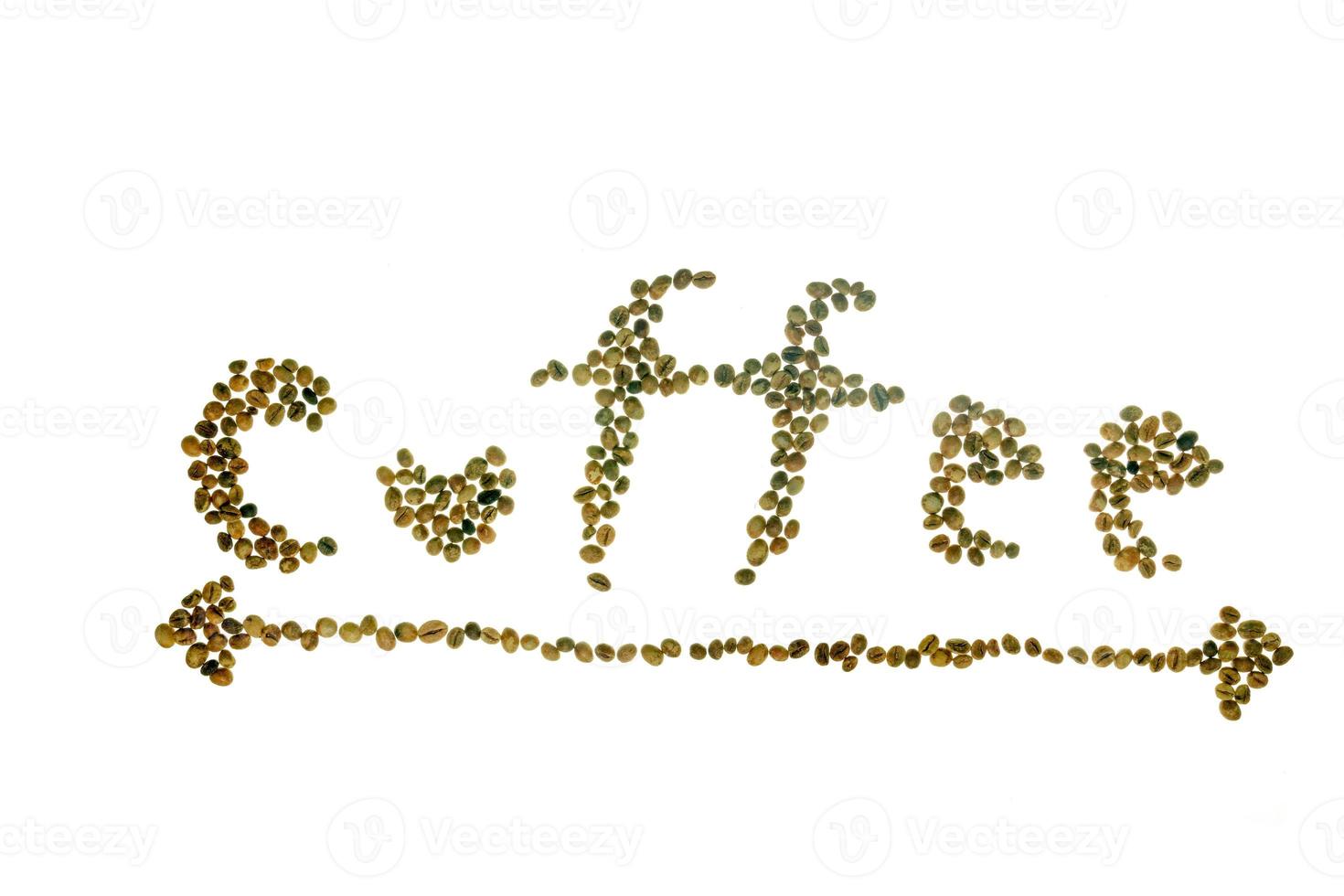 word coffee spelled with bean seeds isolated on white background photo