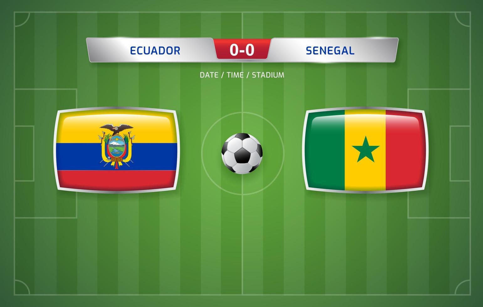 plantilla de transmisión de marcador de ecuador vs senegal para el torneo de fútbol deportivo 2022 y la ilustración de vector de campeonato de fútbol