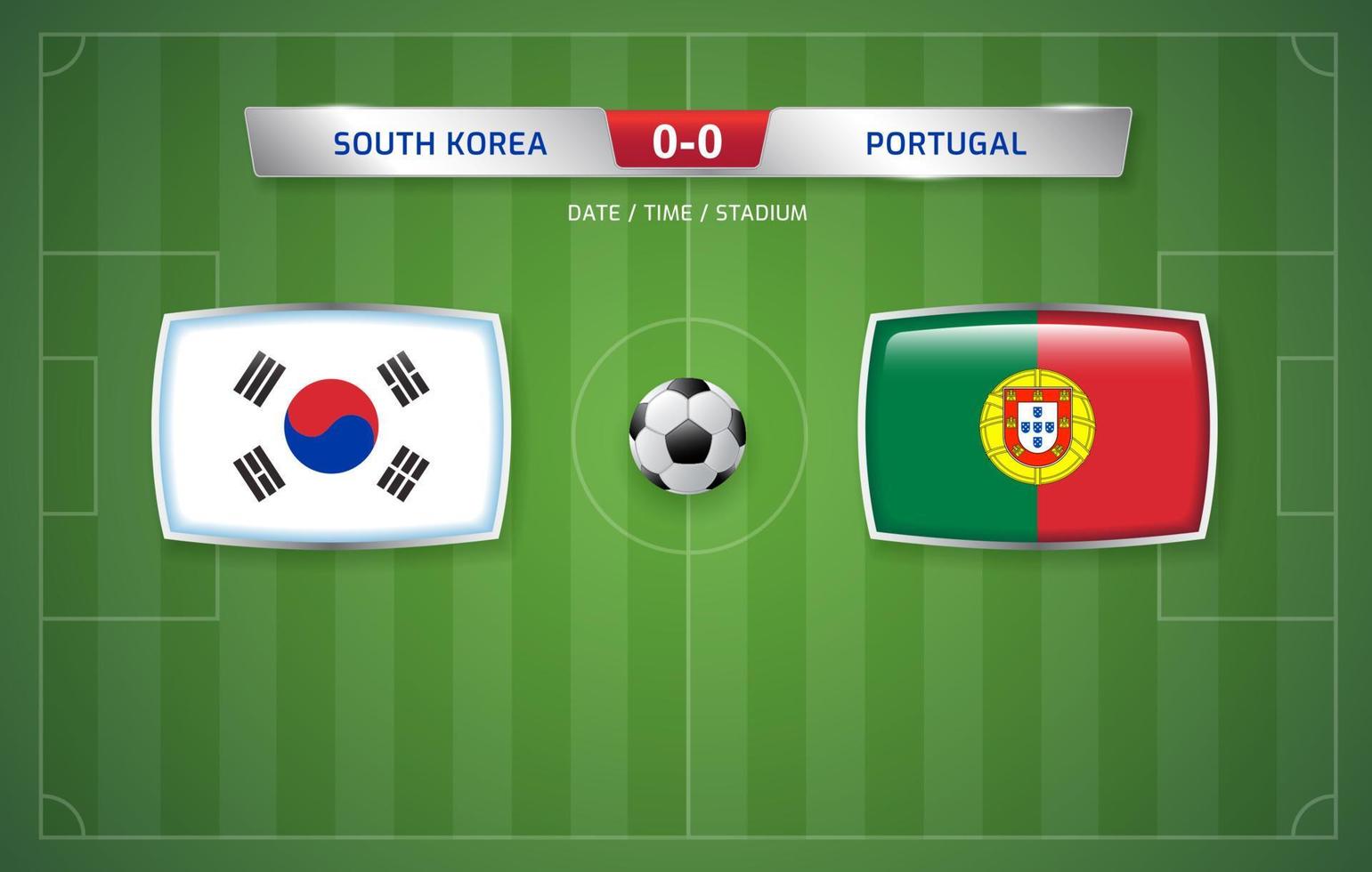plantilla de transmisión del marcador de corea del sur vs portugal para el torneo de fútbol deportivo 2022 y la ilustración de vector de campeonato de fútbol