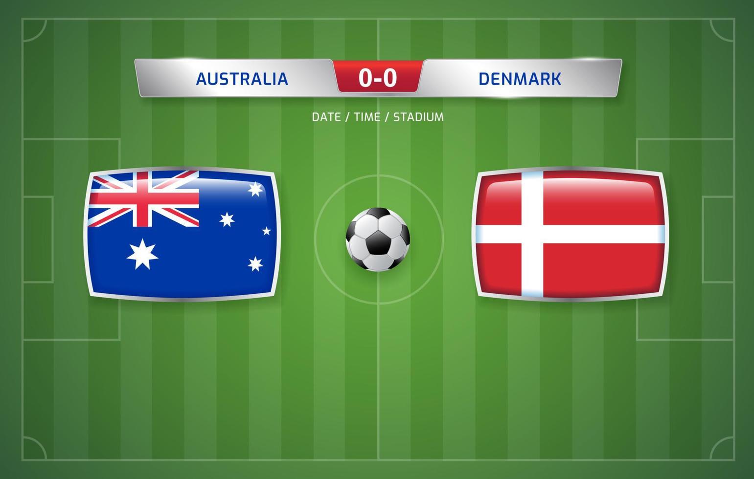 plantilla de transmisión del marcador de australia vs dinamarca para el torneo de fútbol deportivo 2022 y la ilustración de vector de campeonato de fútbol