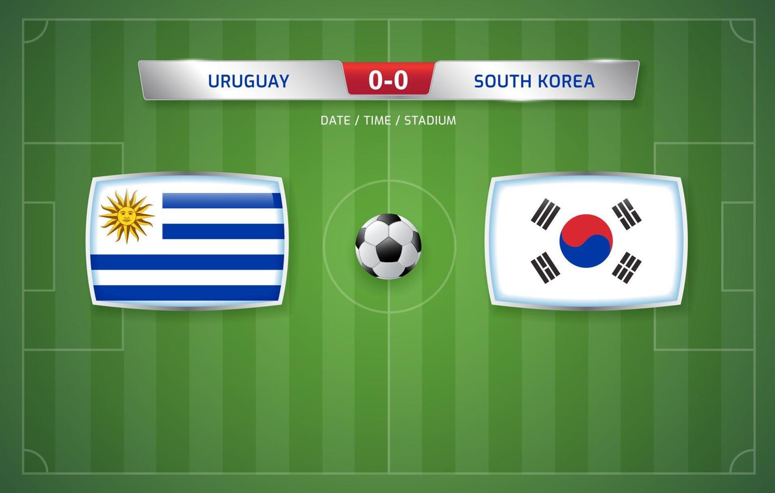 plantilla de transmisión del marcador de uruguay vs corea del sur para el torneo de fútbol deportivo 2022 y la ilustración de vector de campeonato de fútbol