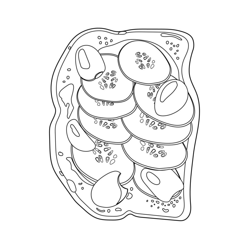 Outline Toast with olives, cucumbers, tomato, pepper and sour cream. Vegetable toast on grilled bread slice. Open sandwich. Vegan snack food. Vector illustration.