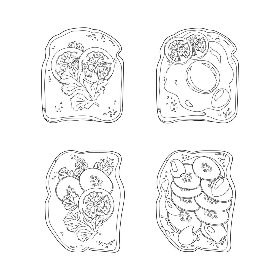 esquema conjunto de cuatro tostadas con tomates, aceitunas, pepinos, crema agria, perejil y pimienta y huevos. ilustración vectorial de alimentos. vector