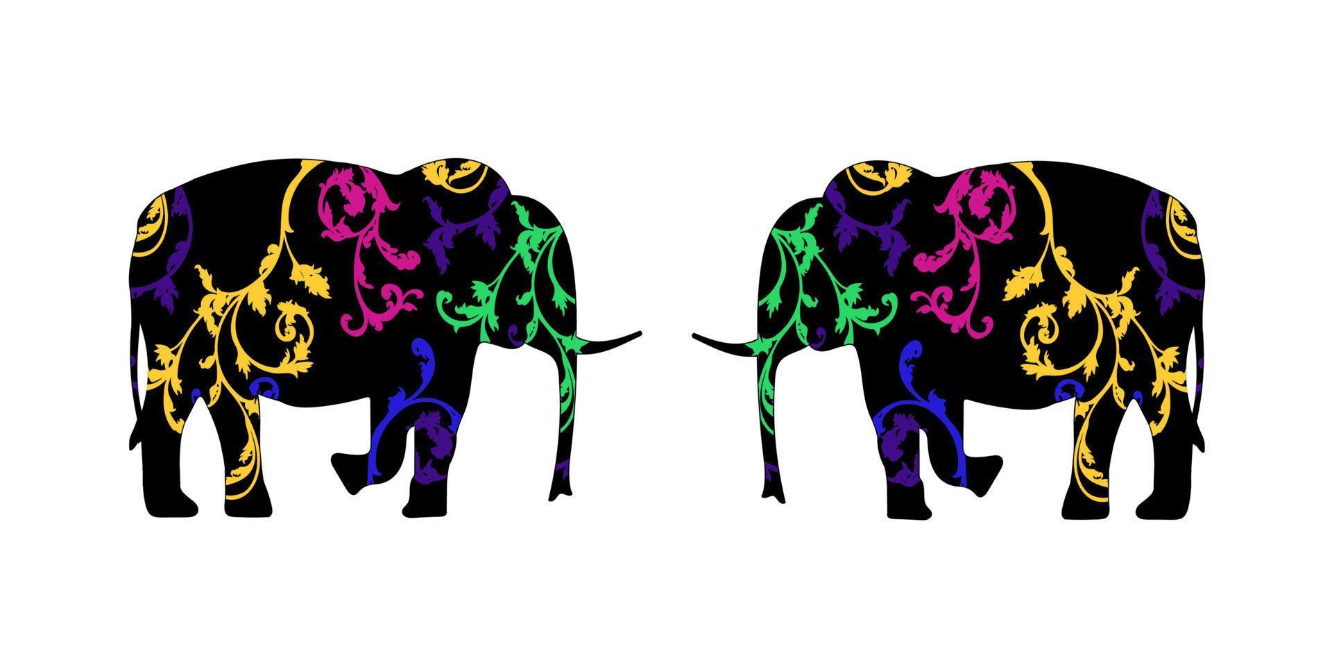 Silhouette of two elephants with decorative ornaments vector