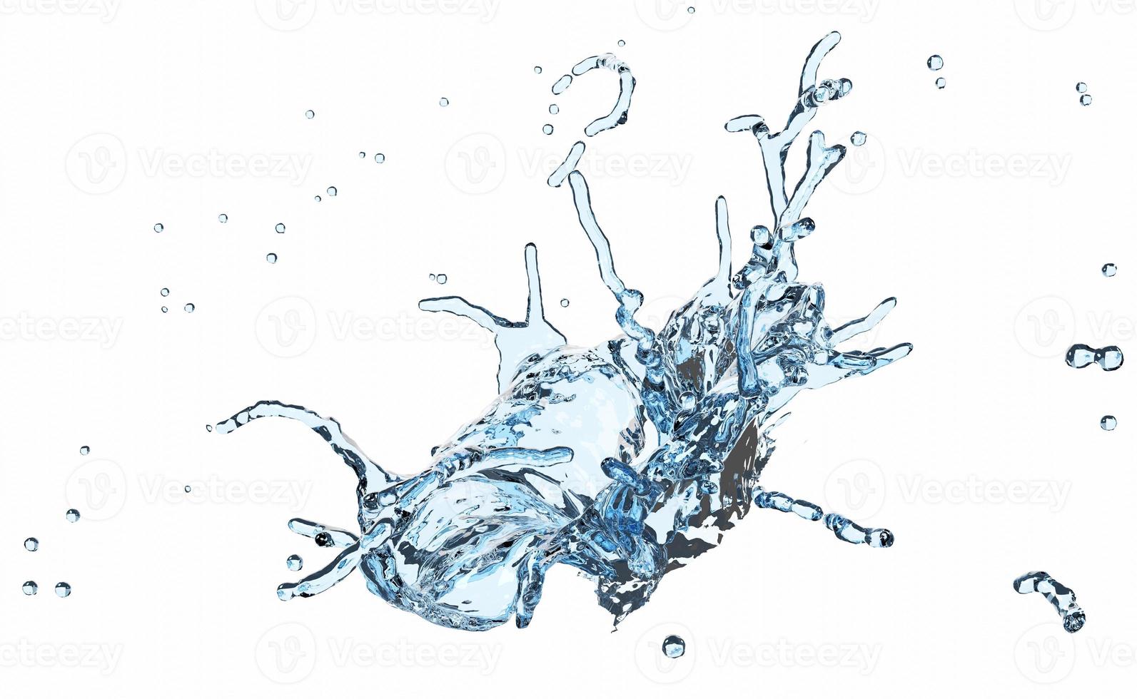 3d water splash transparent, clear blue water scattered around isolated on white background. 3d render illustration photo