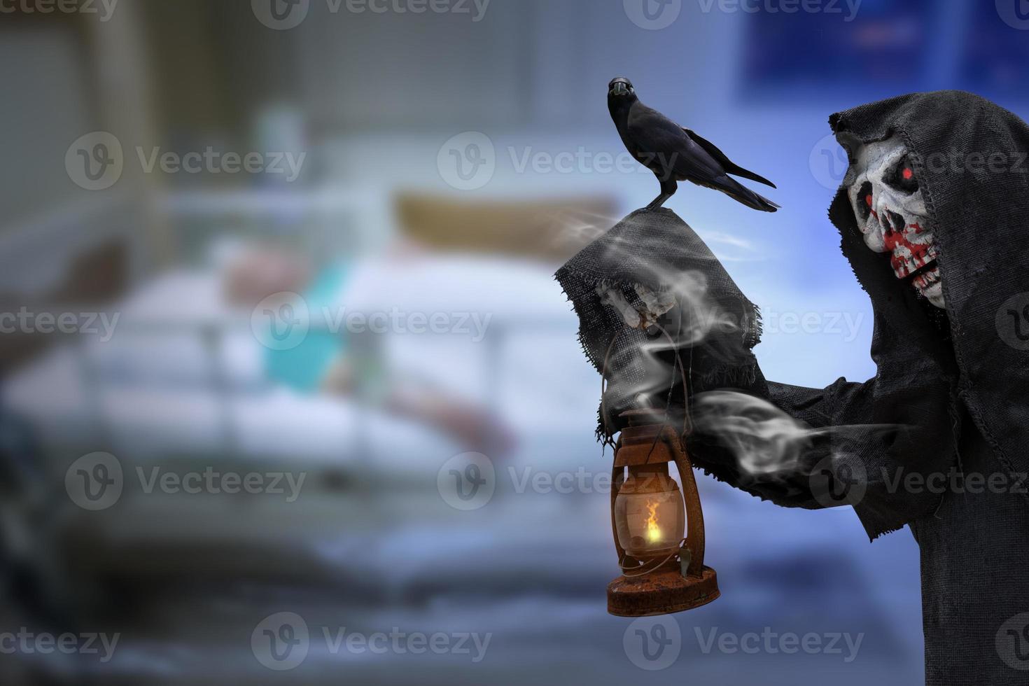 Grim Reaper with patient room blurred background,Halloween day,Ghost puppet photo