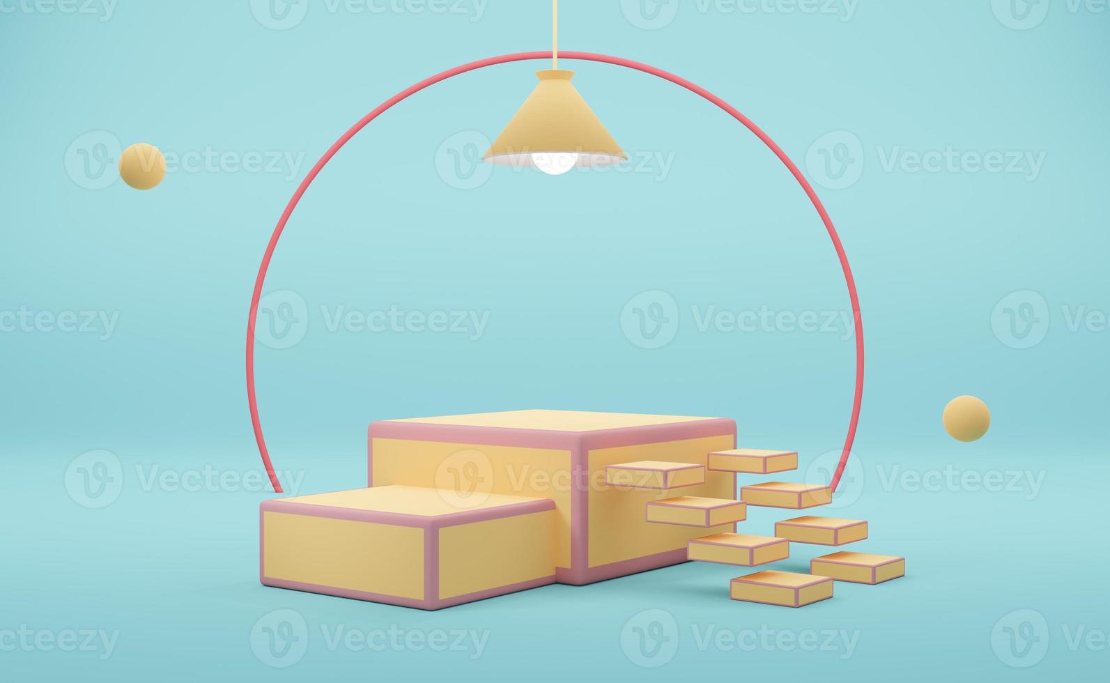 Podium empty with stair and geometric shapes in sky blue pastel composition for modern stage display and minimalist mockup ,abstract showcase background ,Concept 3d illustration or 3d render photo