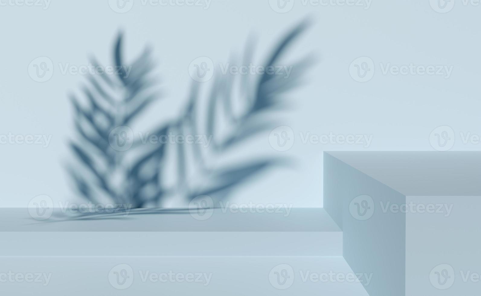 3d gray cube stage podium empty with palm leaf shadow, abstract geometric cosmetic showcase pedestal grey background. minimal modern scene, 3d render illustration photo