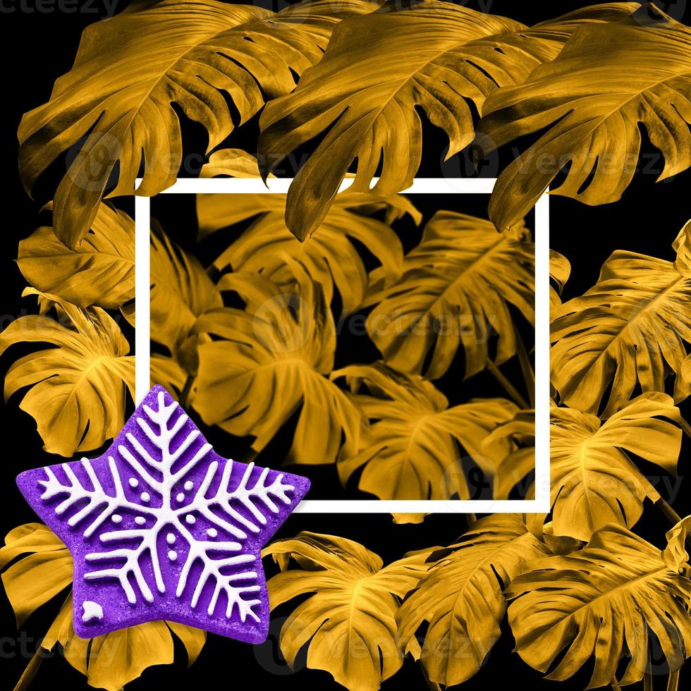 star with colorful monstera leaves pattern on black background for christmas and new year concept photo