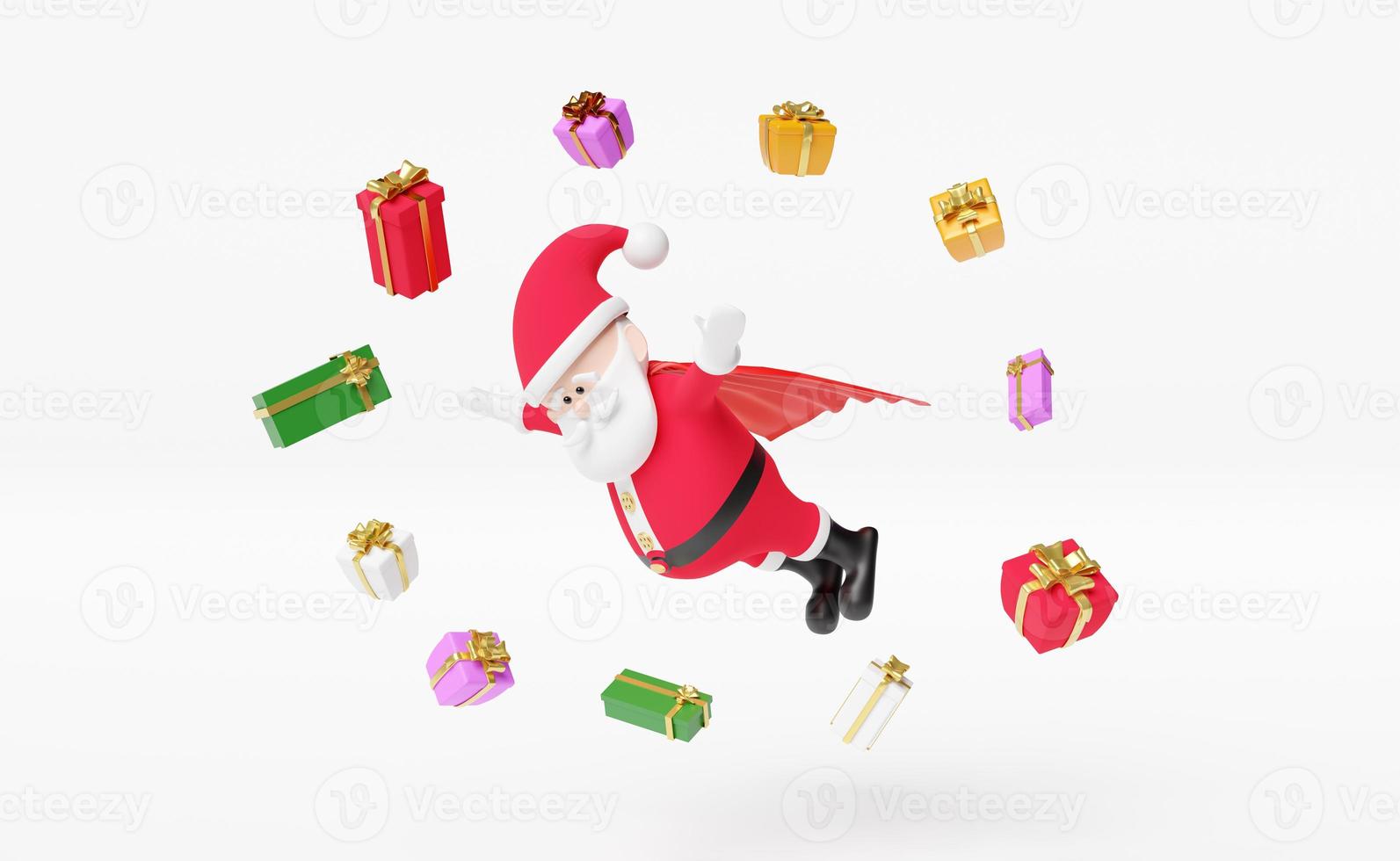 Santa claus with gift box isolated on white background.website,poster or Happiness cards,festive New Year concept,3d illustration or 3d render photo