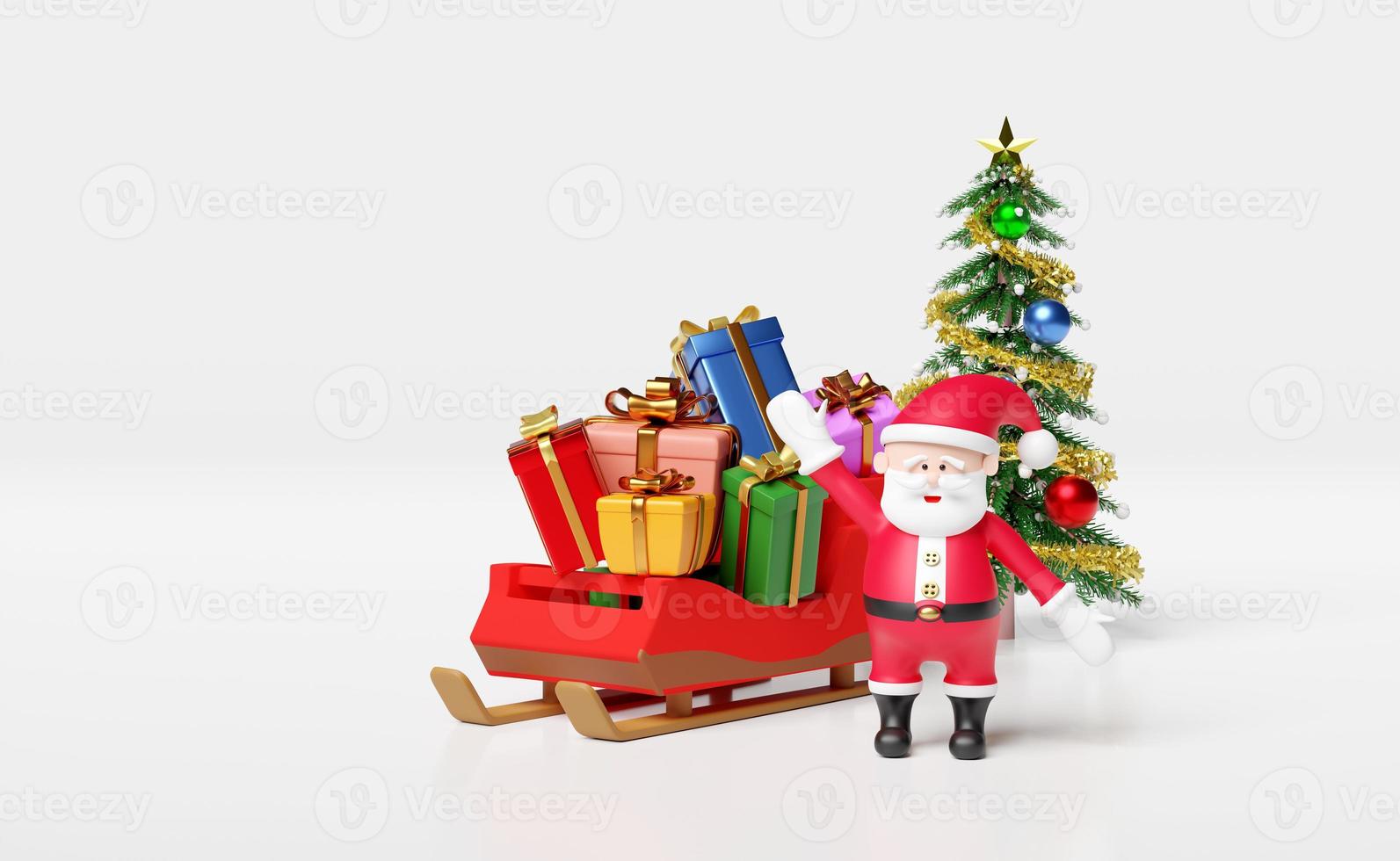 santa claus with sleigh,gift box,christmas tree isolated on white background.website or poster or Happiness cards,banner and festive New Year, 3d illustration or 3d render photo