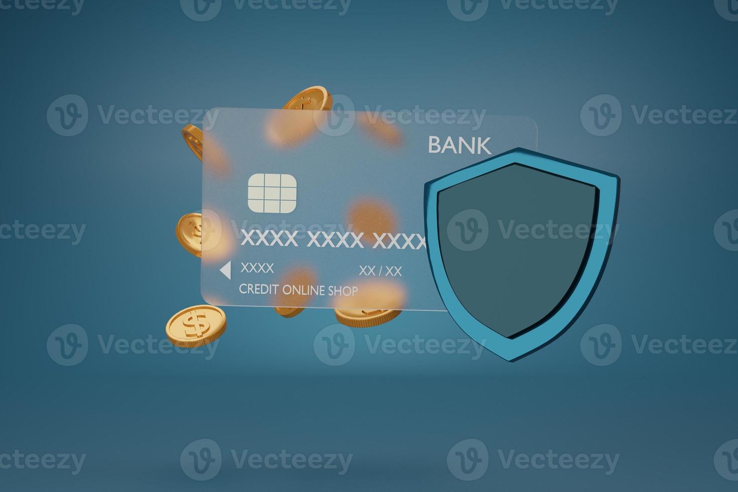 Credit bank card with coins and shield.Secure credit card transaction in Internet.Cyber security,Payment protection concept,Coins falling,lock card,Business finance.3D rendering illustration. photo