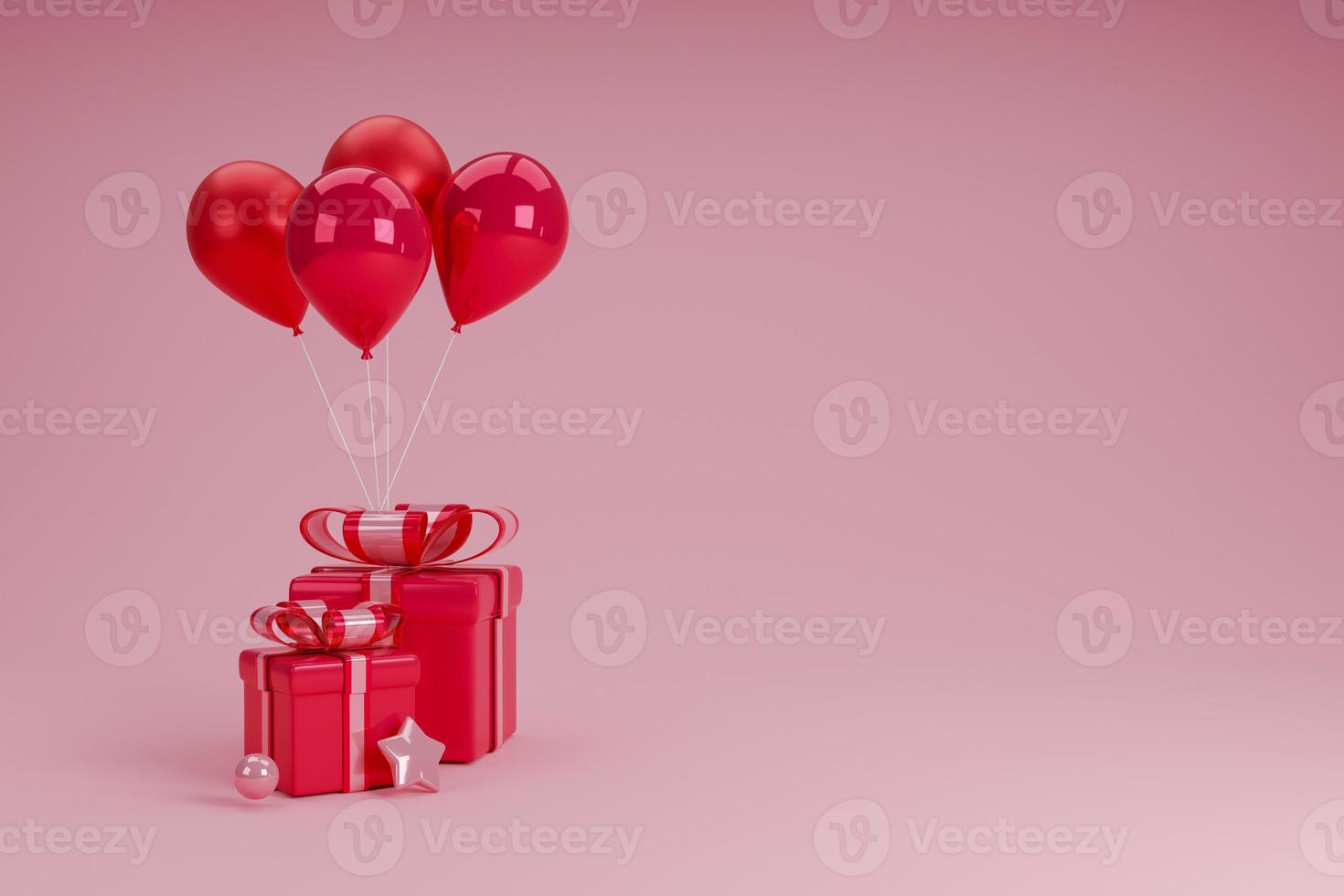 mock up ballon with giftbox,helium balloons,gift box.Realistic decorative design elements.pink,coral color.Poster,banner happy anniversary.Christmas,Valentie,Festive background.3D render illustration. photo