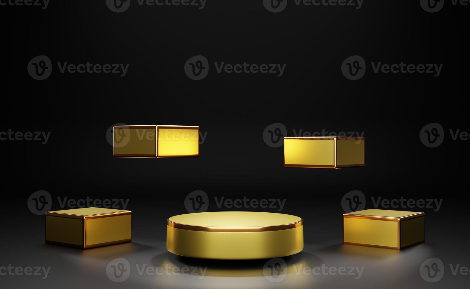 Gold podium empty with geometric shapes in black composition for modern stage display and minimalist mockup ,abstract showcase background ,Concept 3d illustration or 3d render photo