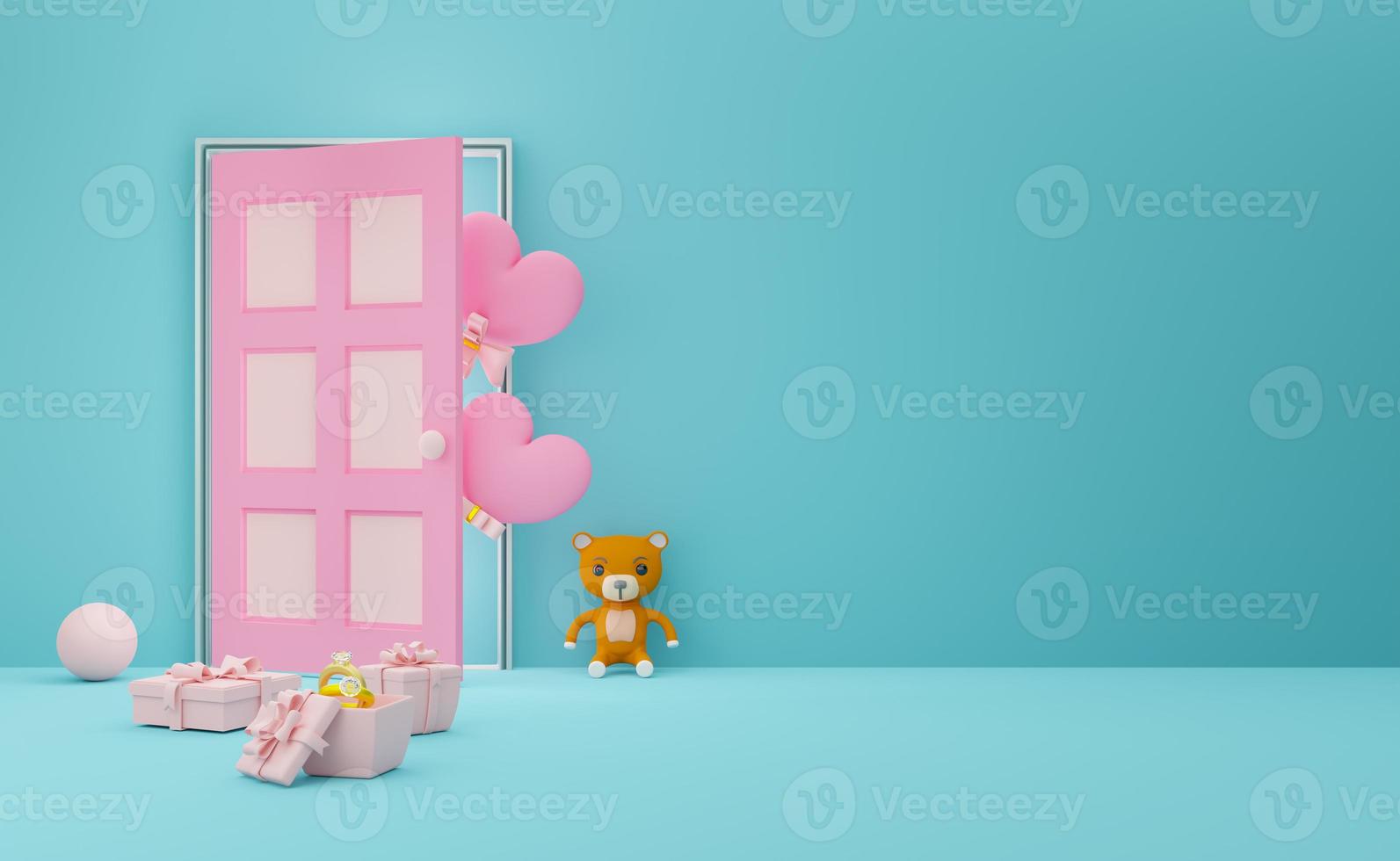 gift box with heart shaped balloon and door in sky blue pastel composition, valentine's day concept ,abstract showcase background ,3d illustration or 3d render photo