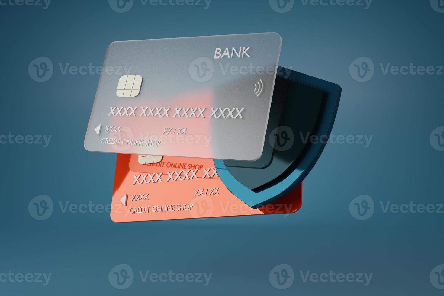 Credit bank card and shield.Secure credit card transaction in Internet.Cyber security,Payment protection concept,Payment credit card,lock card, Business finance.3D rendering illustration. photo