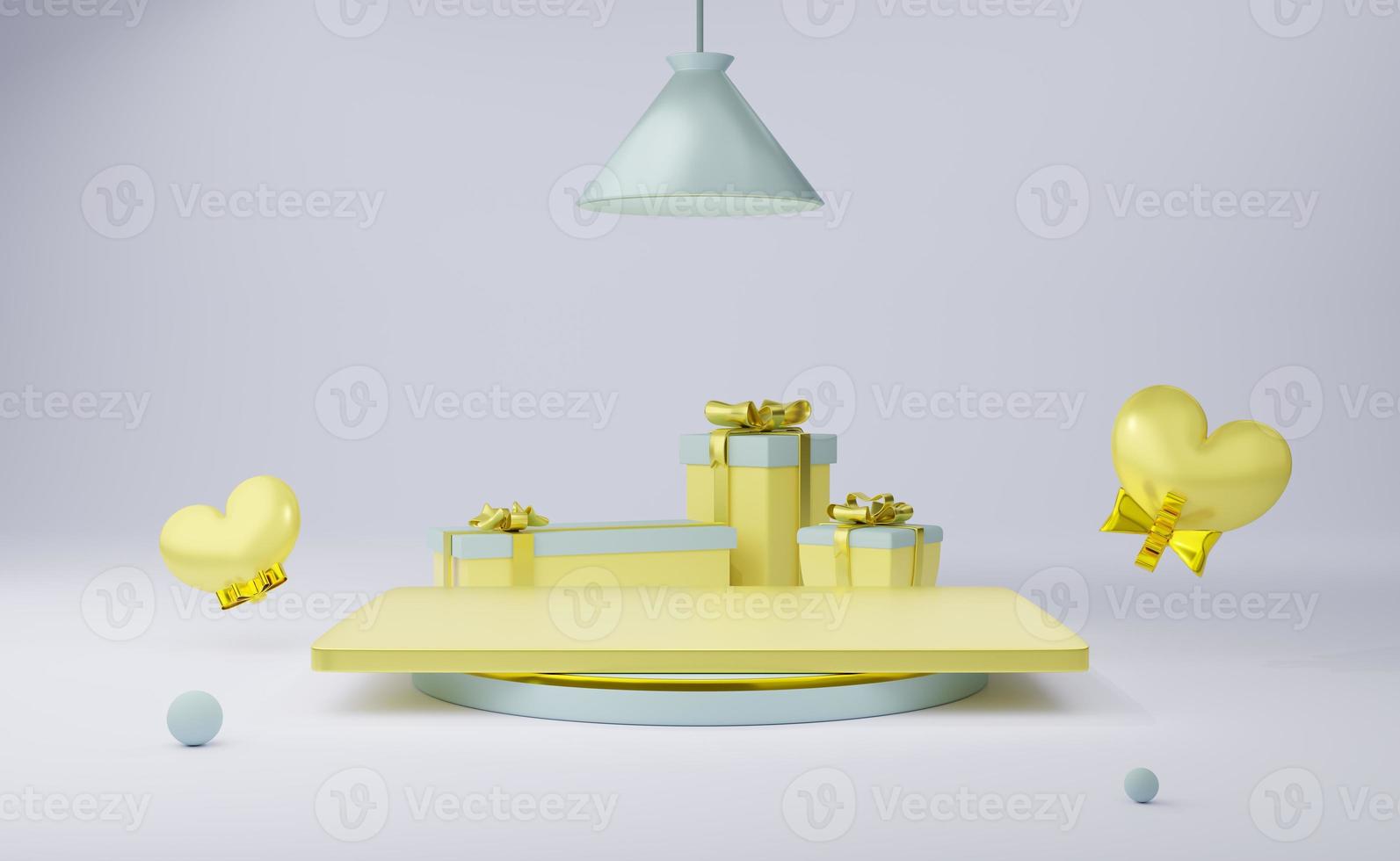Podium empty and gift box with yellow heart shapes in gray composition for modern stage display and minimalist mockup ,valentine's day background ,Concept 3d illustration or 3d render photo