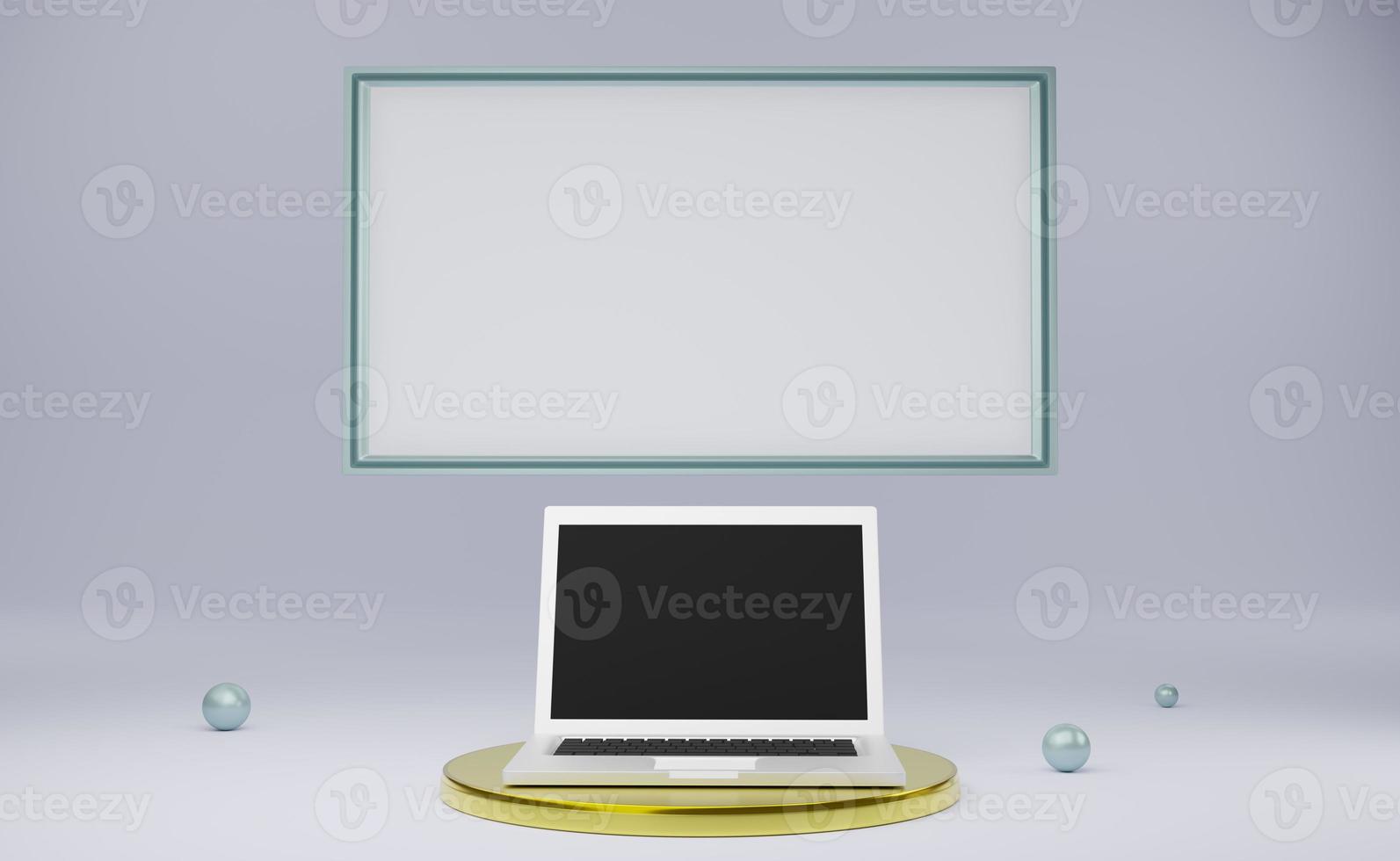 podium with computer laptop and frame in gray composition for modern stage display and minimalist mockup ,abstract showcase background ,Concept 3d illustration or 3d render photo