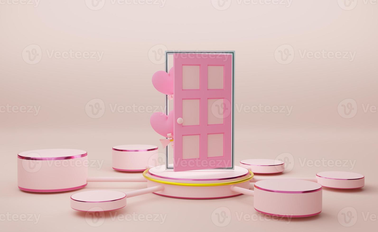 Podium empty with heart shaped balloon and door in sky blue pastel composition, valentine's day concept ,abstract showcase background ,3d illustration or 3d render photo