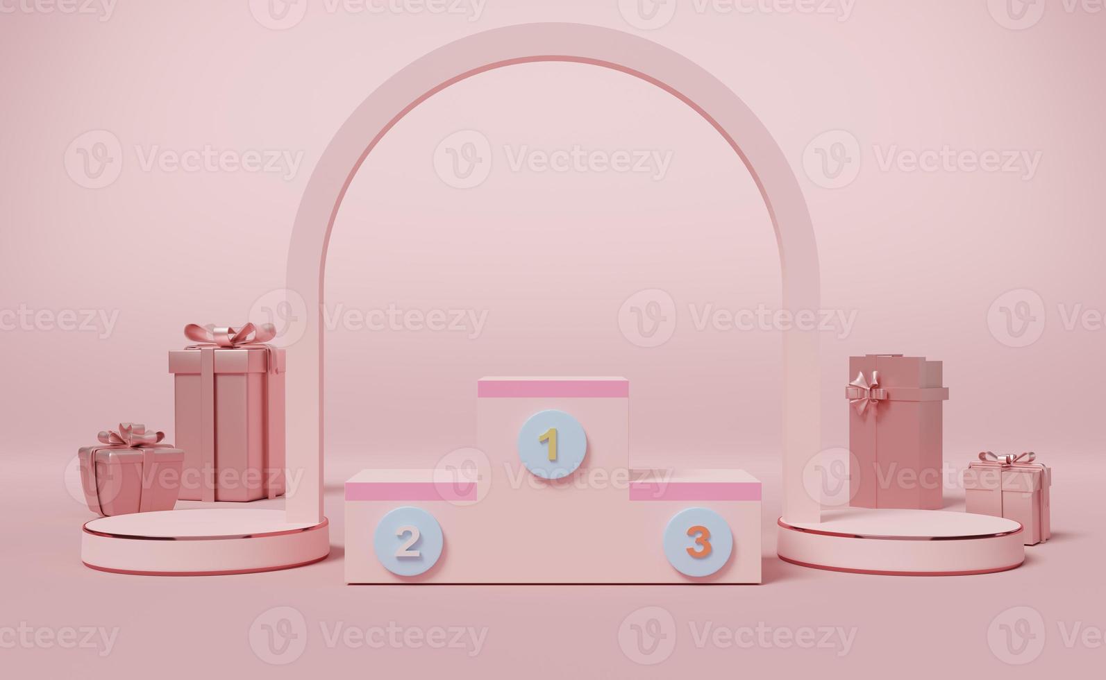 Empty winners podium and gift box in pink pastel composition for modern stage display and minimalist mockup ,abstract showcase background ,Concept 3d illustration or 3d render photo