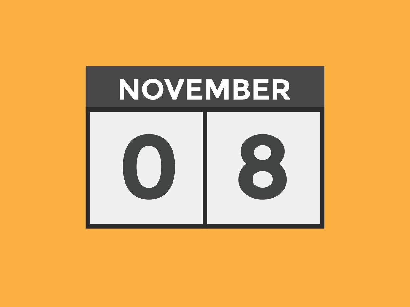 Recordatorio del calendario del 8 de noviembre. Plantilla de icono de calendario diario del 8 de noviembre. plantilla de diseño de icono de calendario 8 de noviembre. ilustración vectorial vector