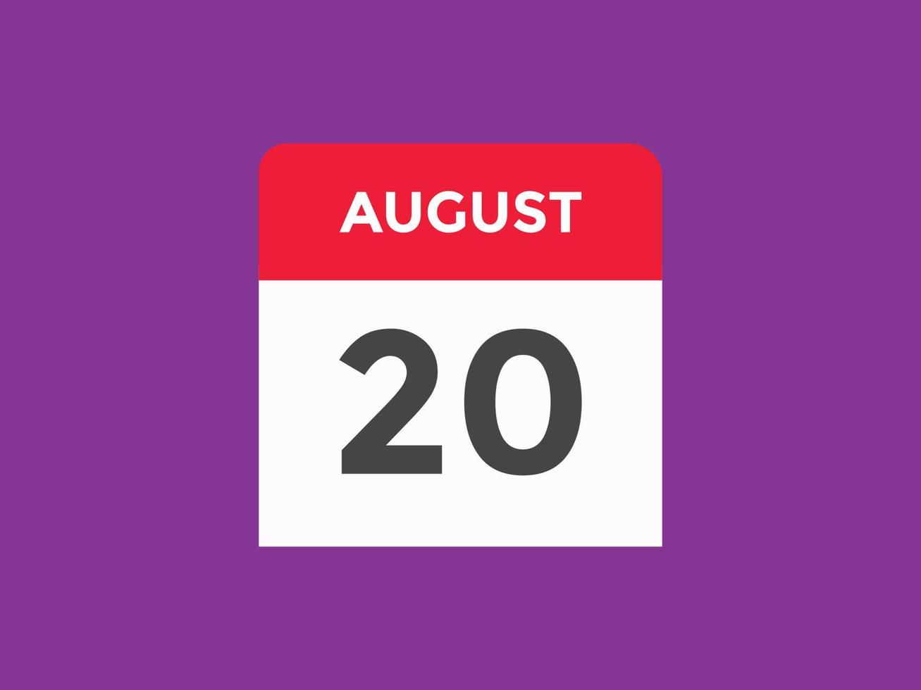 august 20 calendar reminder. 20th august daily calendar icon template. Calendar 20th august icon Design template. Vector illustration