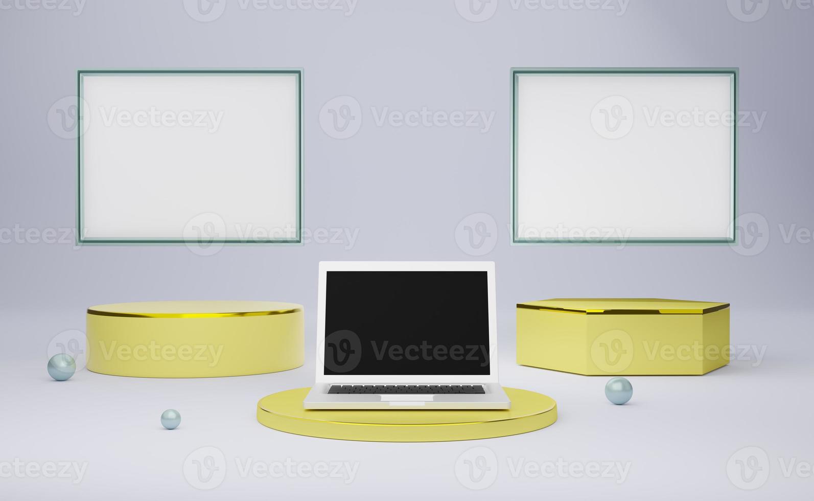 podium empty with computer laptop and frame in gray composition for modern stage display and minimalist mockup ,abstract showcase background ,Concept 3d illustration or 3d render photo