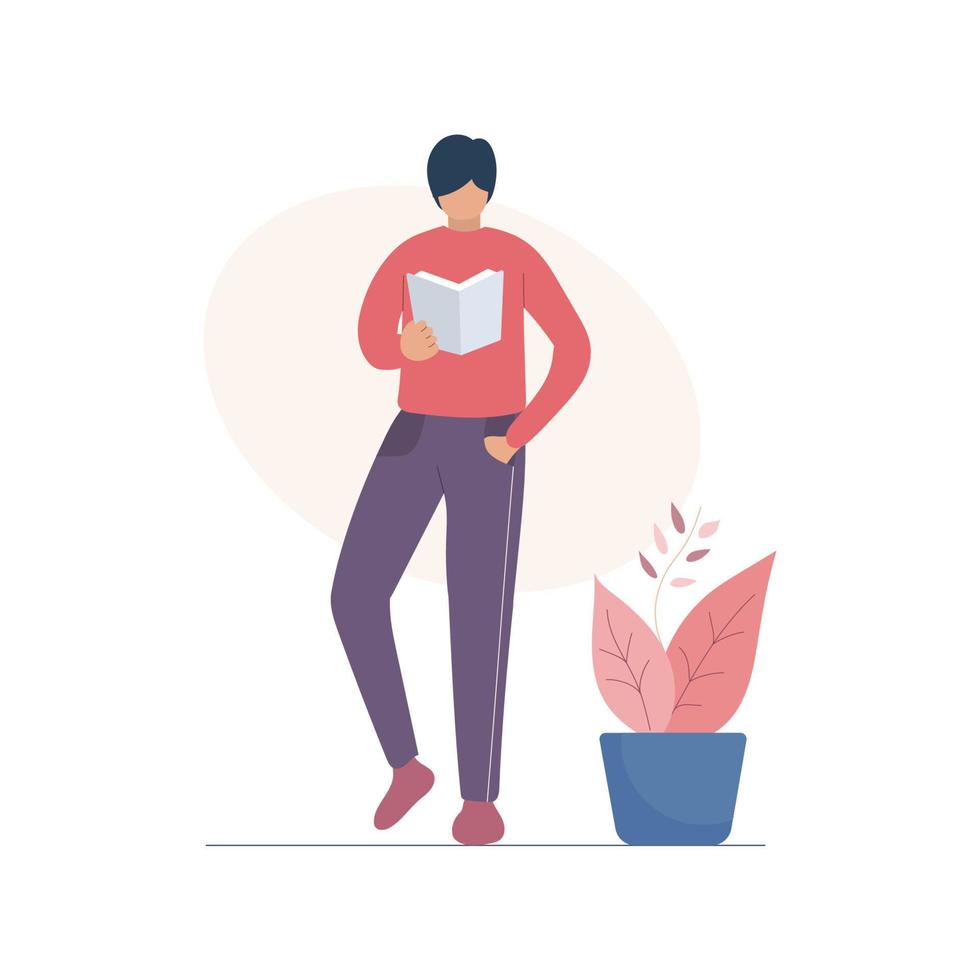 Man standing and reading a book. Vector and Illustration.