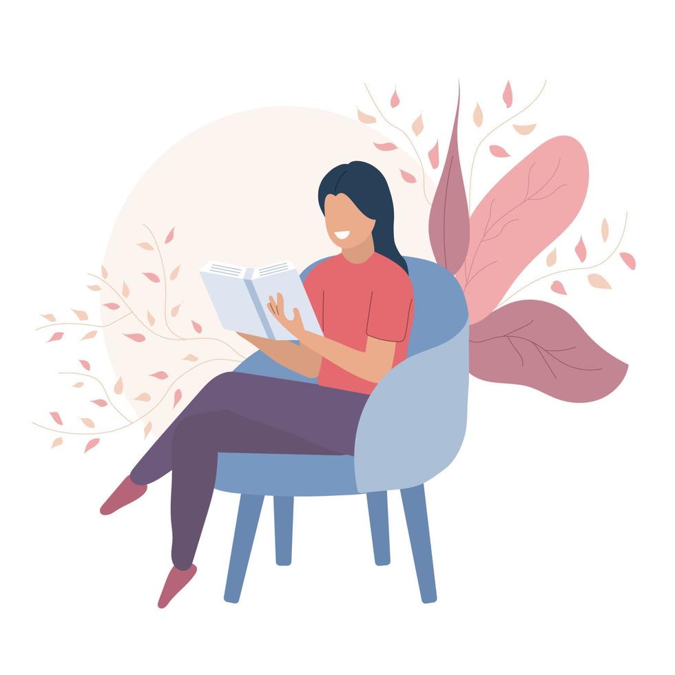 Woman sitting on a chair and reading a book. Vector and Illustration.