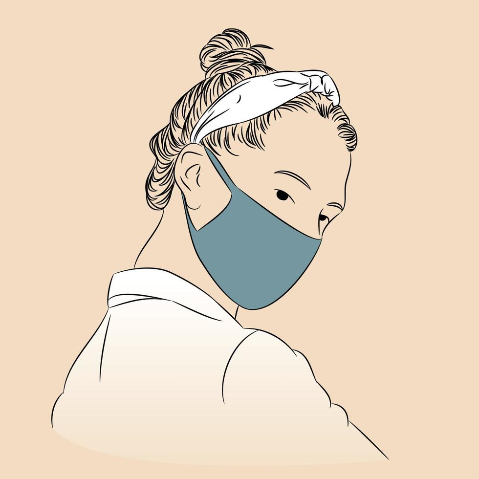 mujer joven con cintas para el pelo e ilustración de arte de línea de máscara facial. ilustración de peinado de moño desordenado. vector