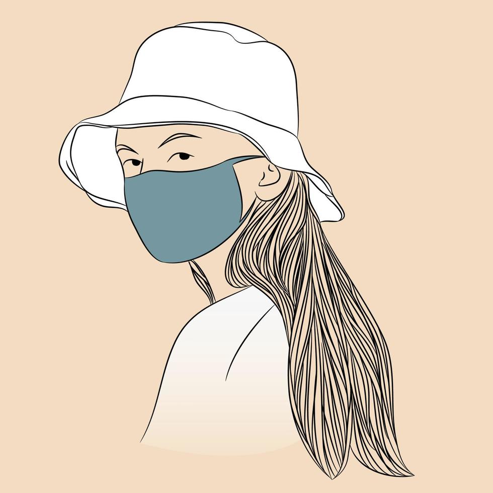 mujer joven con sombrero de cubo y máscara facial ilustración de arte de línea. ilustración de cabello largo y recto. vector