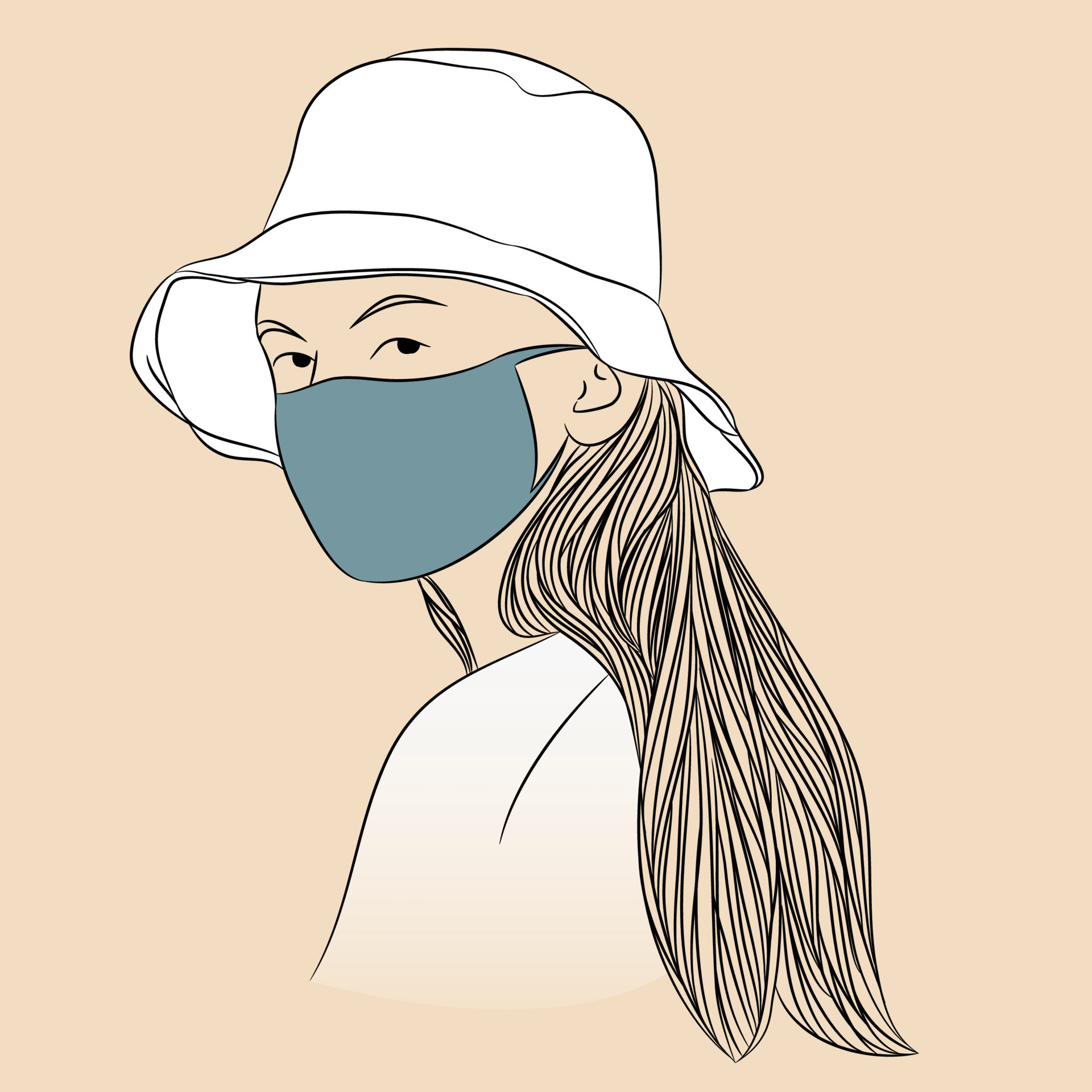 Young woman wearing bucket hat and face mask line art illustration
